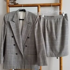 Vintage Wool Black Cream Houndstooth Checked Double Breasted Power Suit Size 6